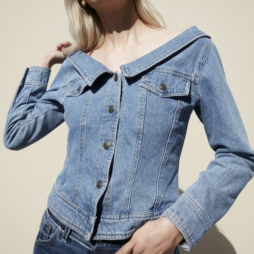 DKNY Donna Karan Vintage 90's Off Shoulder Denim Jacket Fitted Snap Front Size 8